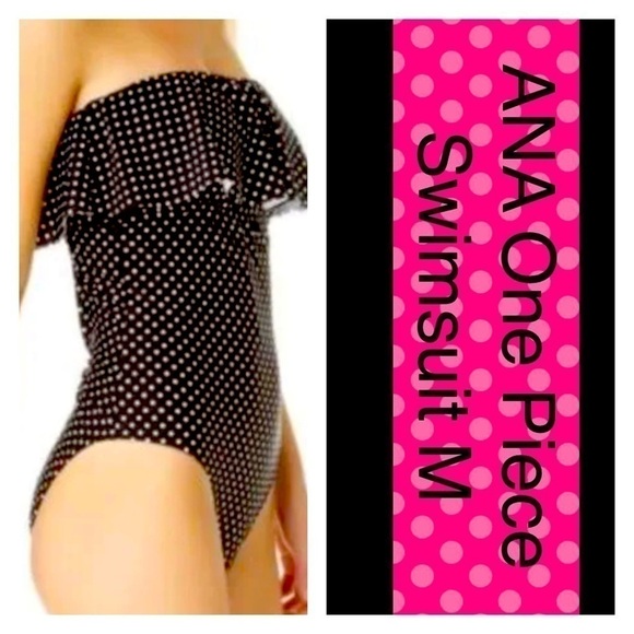 A.N.A. One piece Swimsuit Polka Dot Black & White M Off Shoulder or Halter NWT - Picture 2 of 12